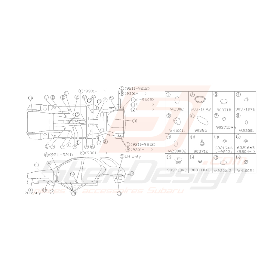 Schéma clips et joints de carrosserie Origine Subaru Impreza GT 1993-2000 Schéma clips et joints de carrosserie Origine Subaru Impreza GT 1993-2000