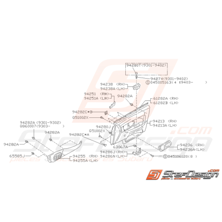 Schéma de garniture de porte avant Origine Subaru Impreza GT 1993-1997