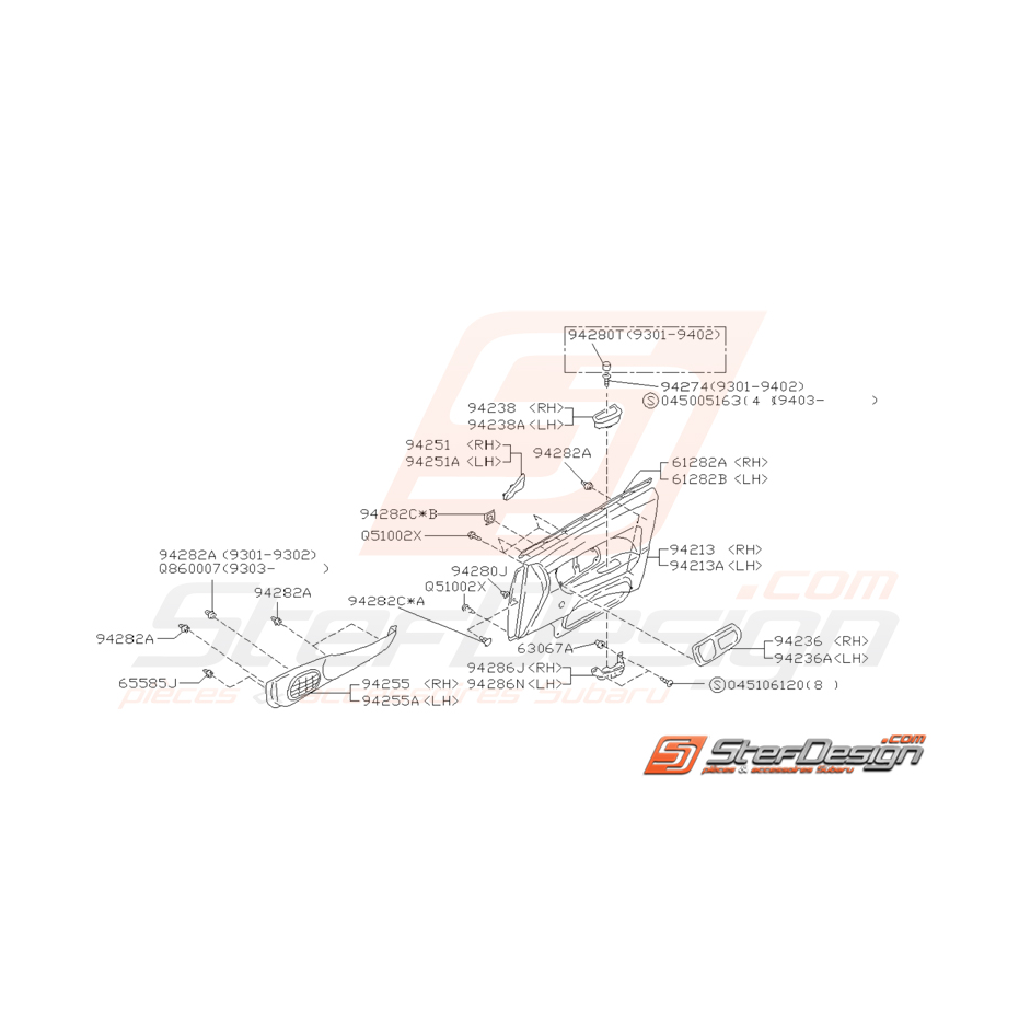 Schéma de garniture de porte avant Origine Subaru Impreza GT 1993-1997 Schéma de garniture de porte avant Origine Subaru Impreza GT 1993-1997