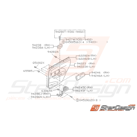 Schéma de garniture de porte arrière Origine Subaru Impreza GT 1993-1997