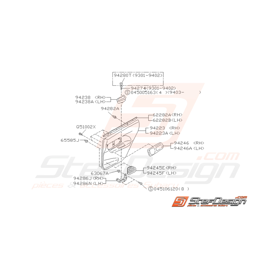 Schéma de garniture de porte arrière Origine Subaru Impreza GT 1993-1997 Schéma de garniture de porte arrière Origine Subaru Impreza GT 1993-1997