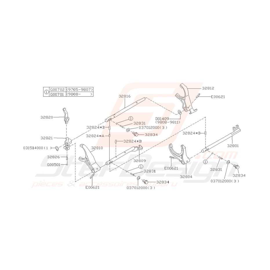 Schéma rail et fourche de sélecteur Origine Subaru Impreza GT 1993-2000