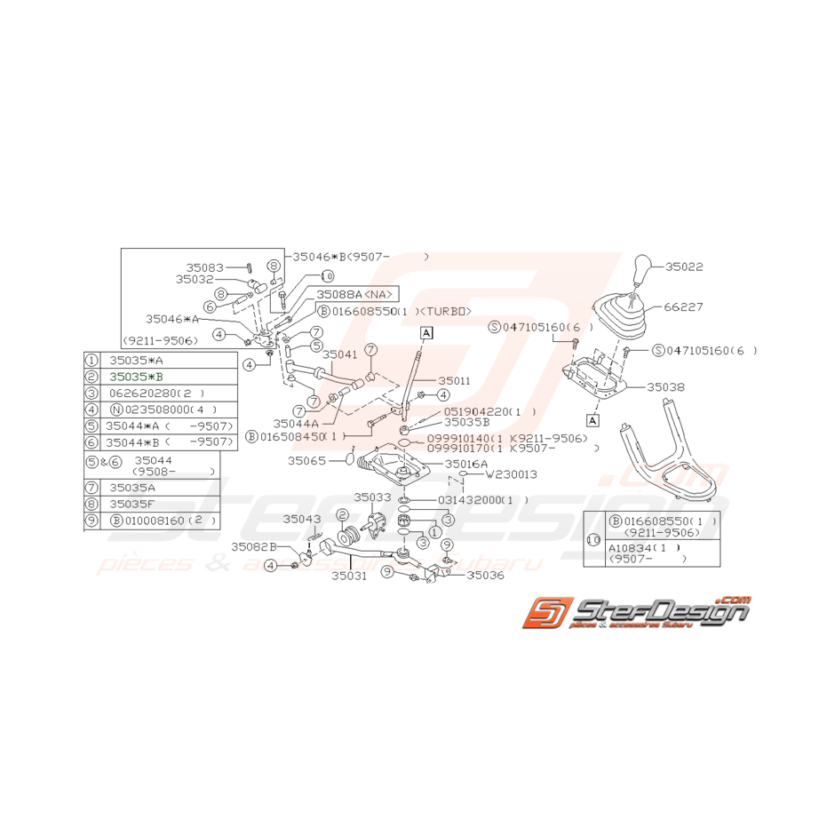Schéma de levier de changement de vitesse pour Subaru Impreza GT 1993-1997 Schéma de levier de changement de vitesse pour Subaru Impreza GT 1993-1997