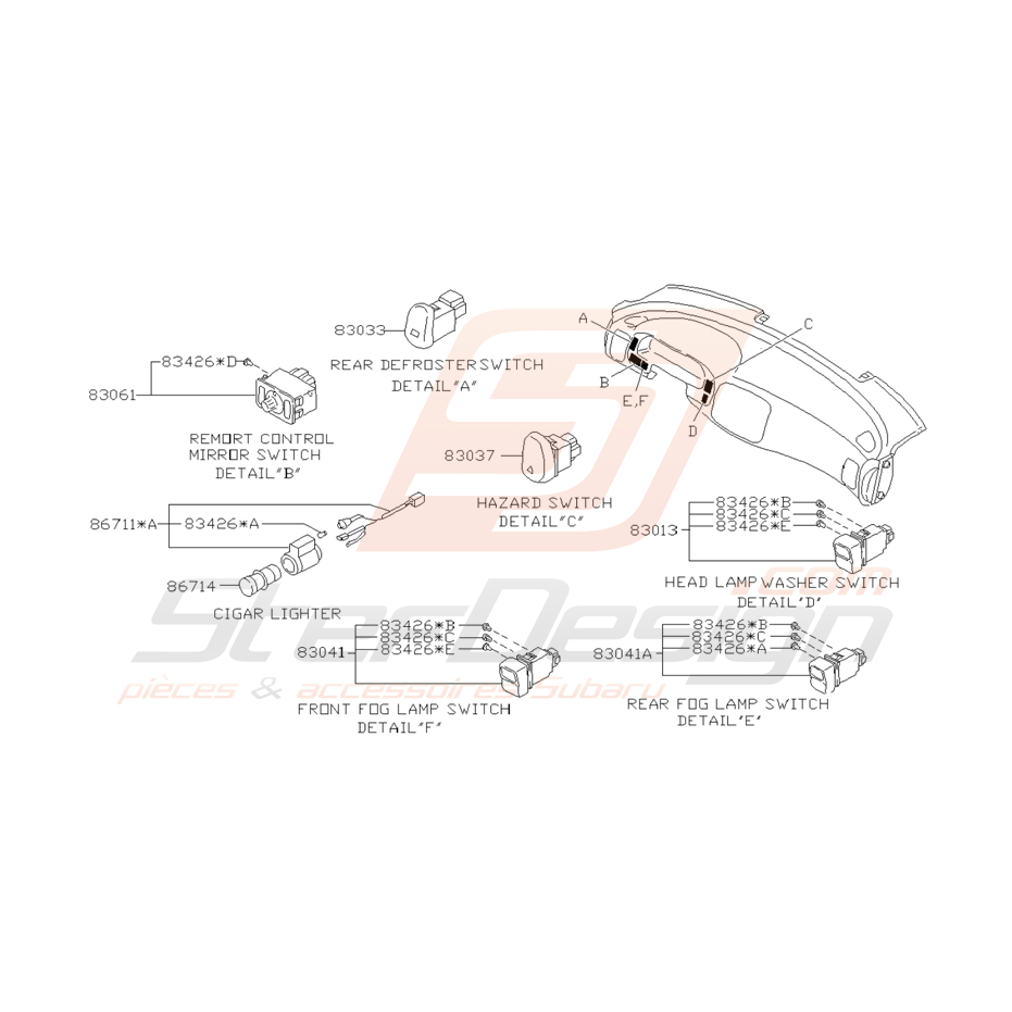 Schéma Interrupteurs de Tableau de Bord Origine Subaru GT 93 - 97