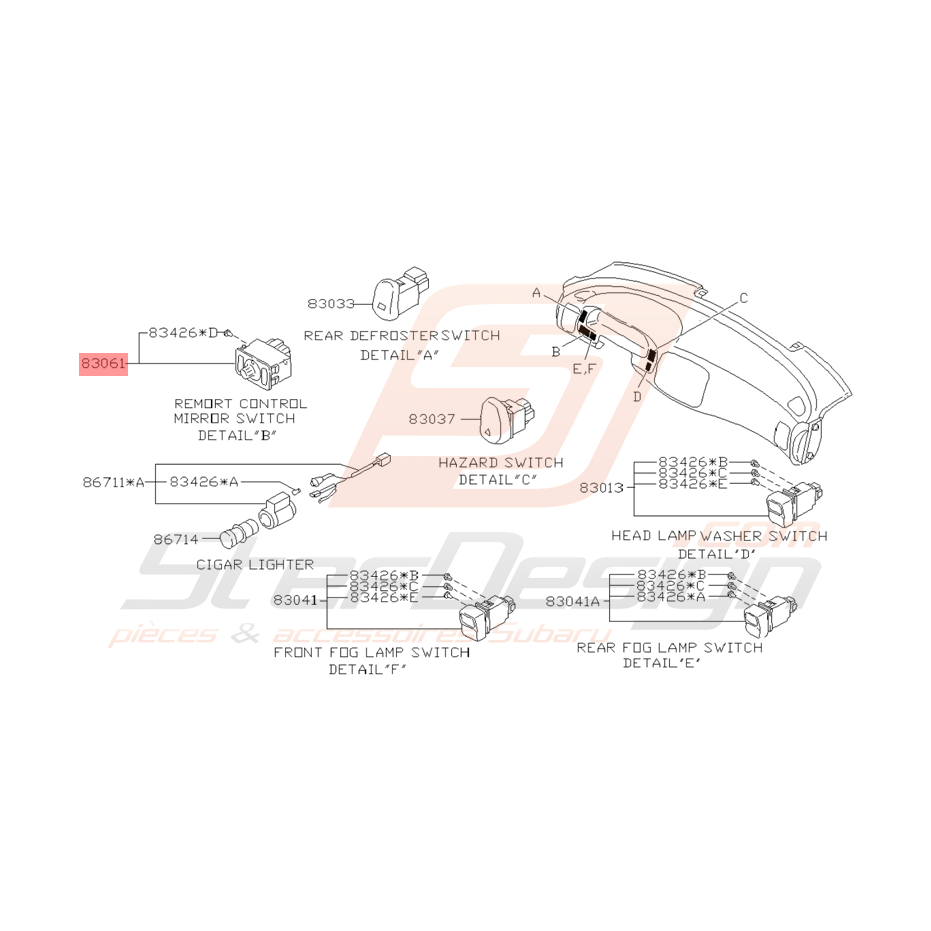 Bouton de Réglage de Rétroviseur Origine Subaru GT 1993 - 1997