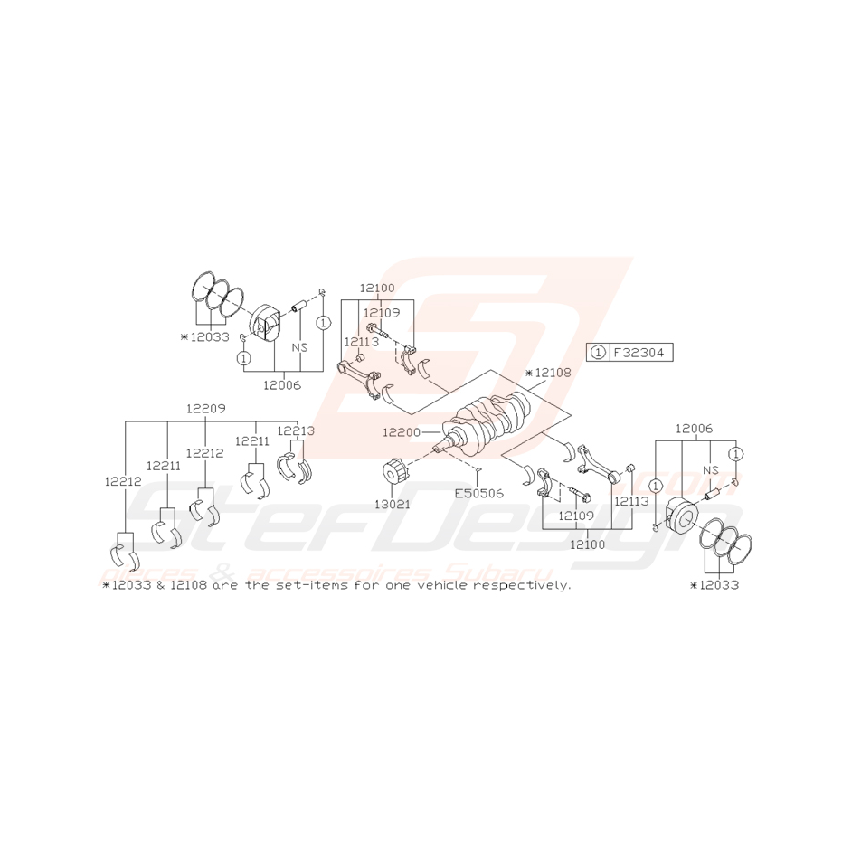 Schéma de pistons et vilebrequins pour Subaru STI 2001-2005