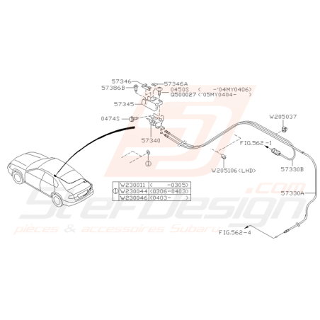 Schéma de poignée et câble d'ouverture de coffre WRX/STI 2001 - 03/2004