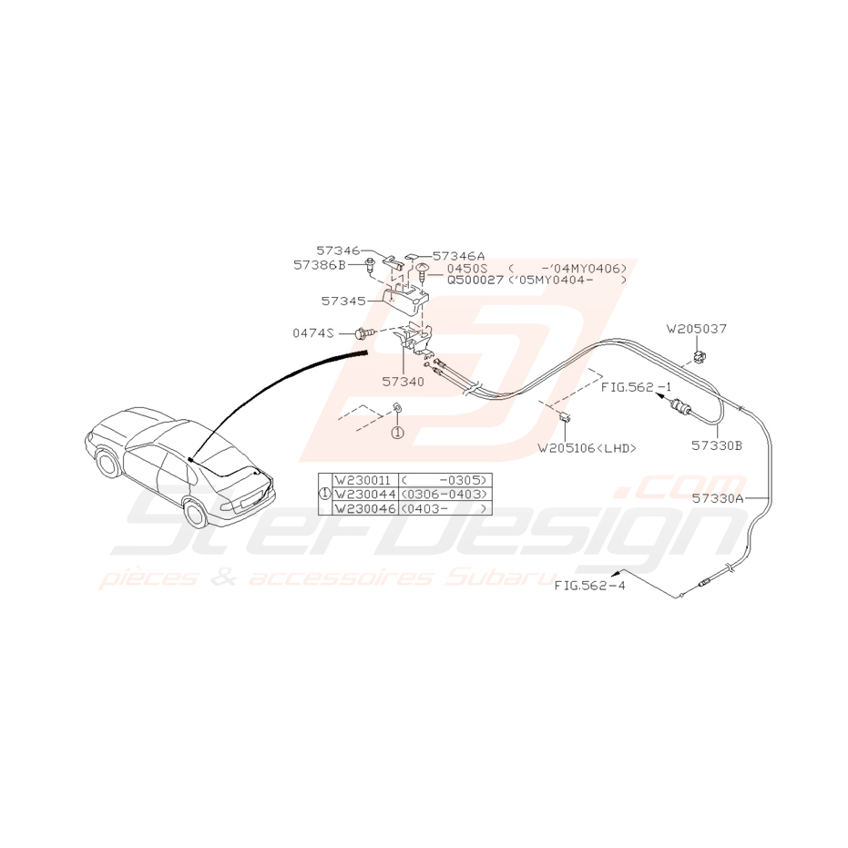 Schéma de poignée et câble d'ouverture de coffre WRX/STI 2001 - 03/2004 Schéma de poignée et câble d'ouverture de coffre WRX/STI 2001 - 03/2004