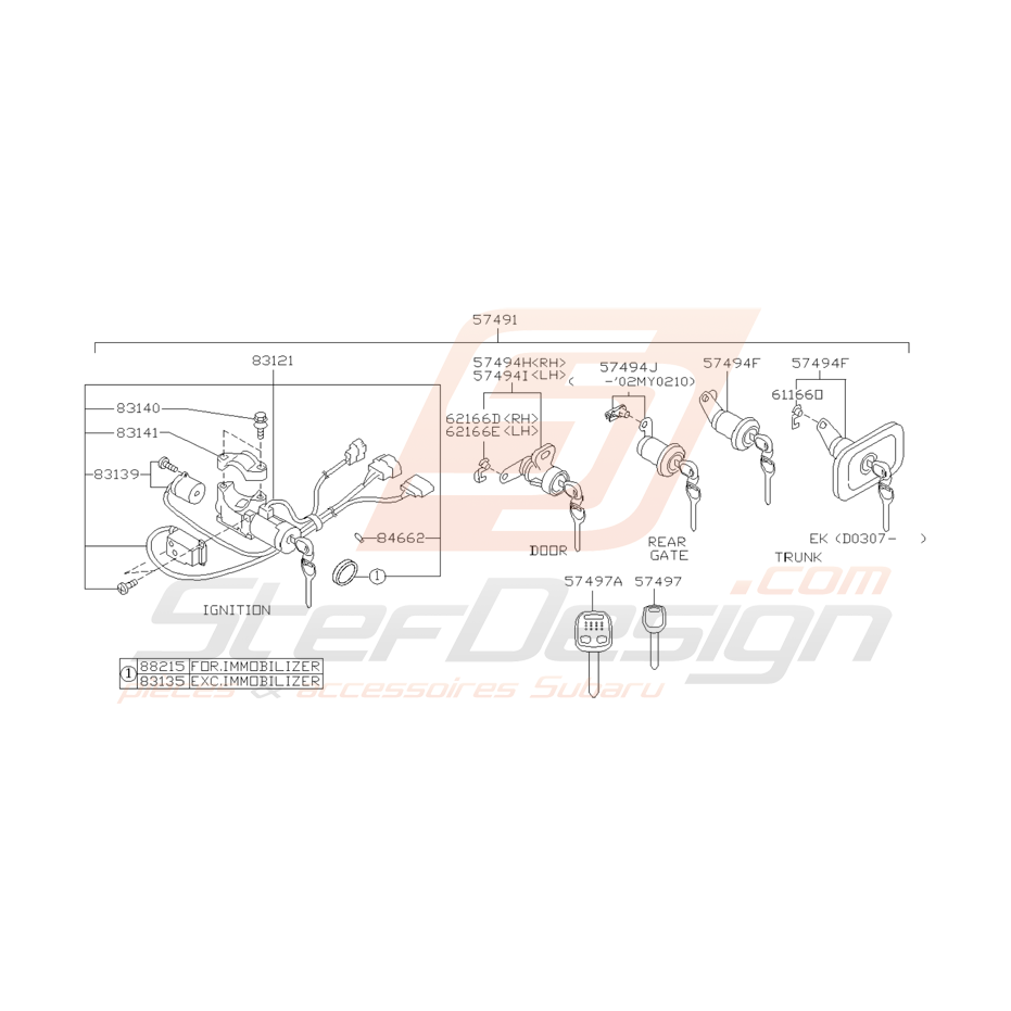 Schéma Serrures et Clés Origine Subaru WRX STI 2001 - 2005