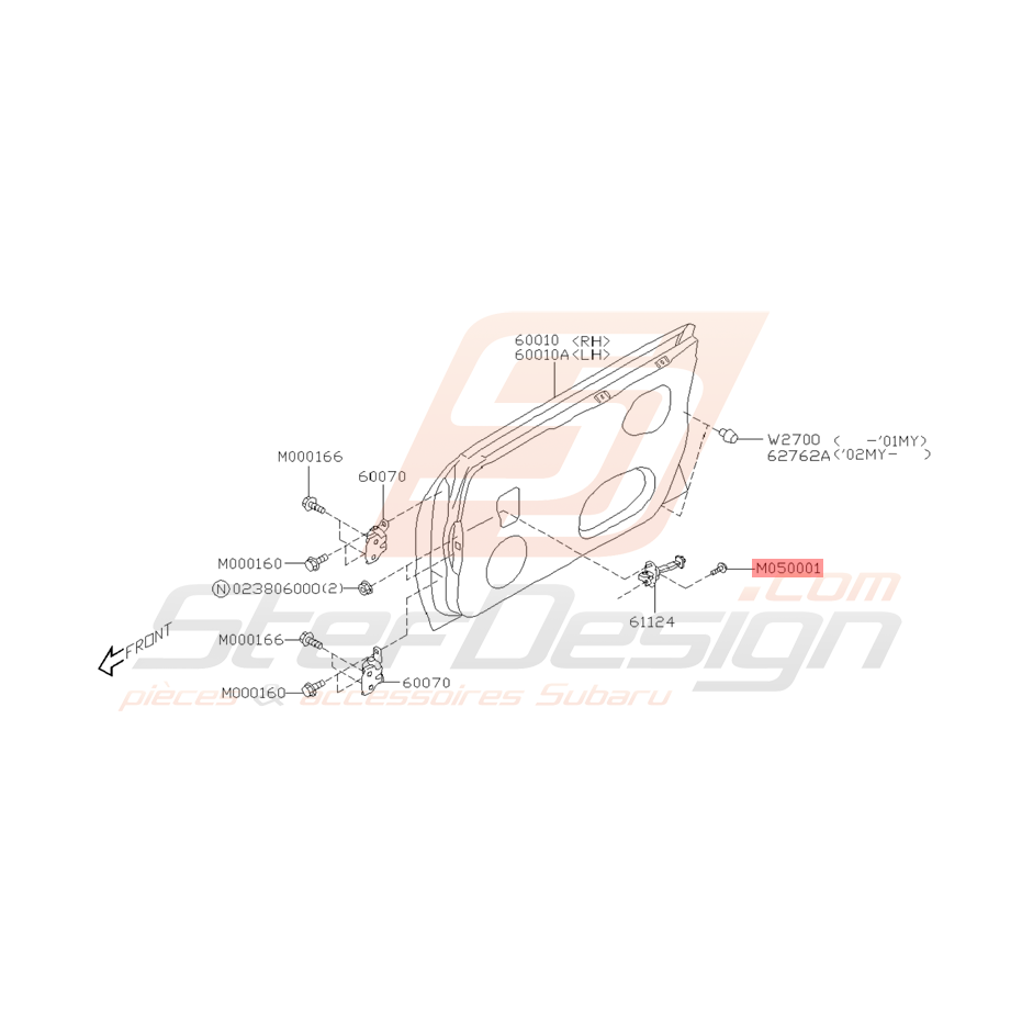 Vis à collerette porte avant Origne SUBARU WRX STI 2001 - 2005