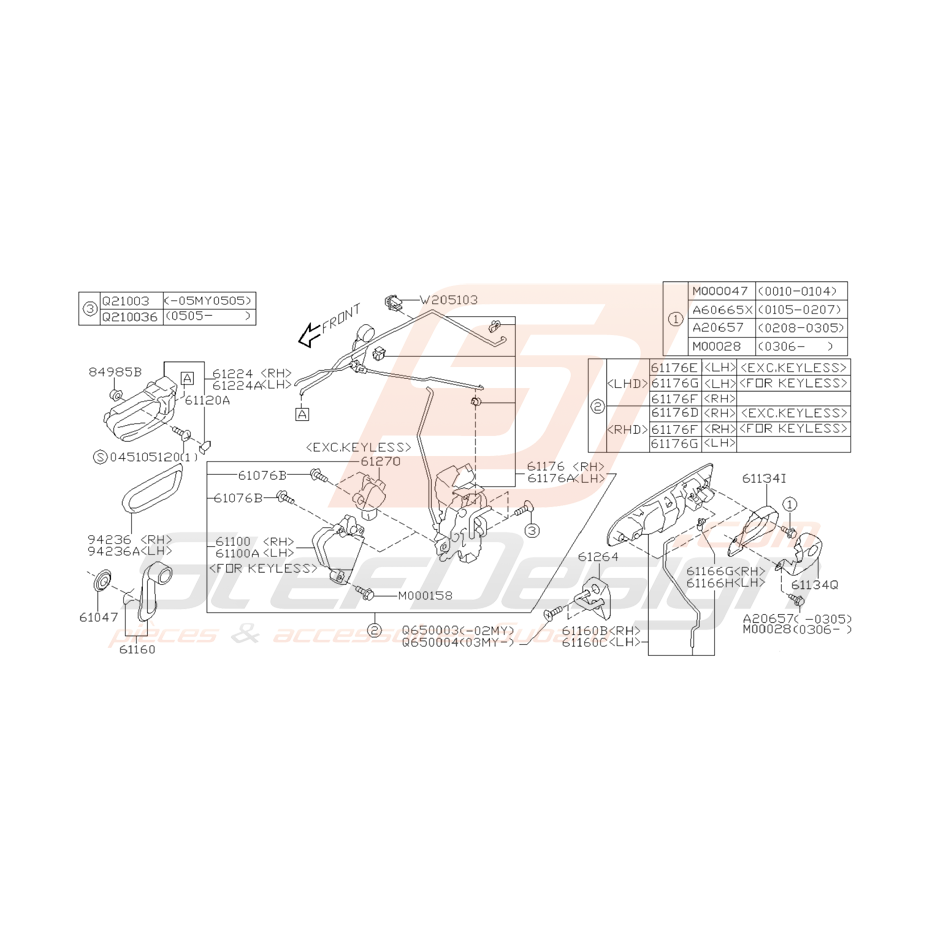 Schéma Attaches et Poignées de Porte Avant Subaru WRX STI 01-05 Schéma Attaches et Poignées de Porte Avant Subaru WRX STI 01-05
