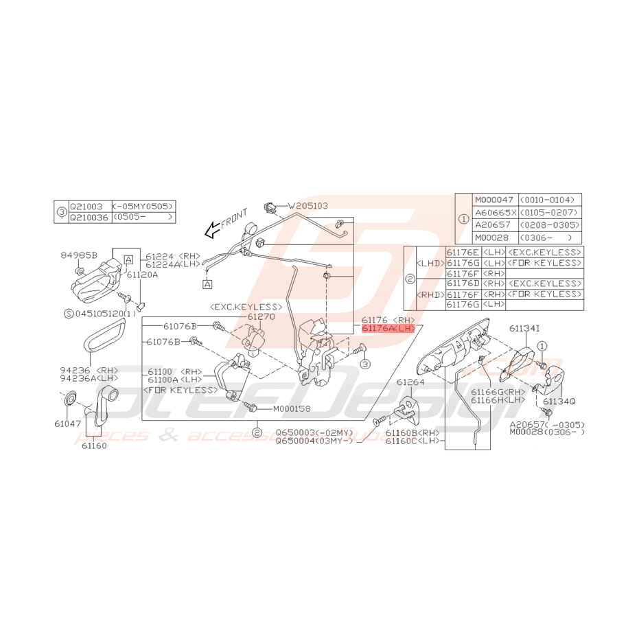 Loquet de Porte Avant Origine Subaru WRX et STI 2001 - 2005