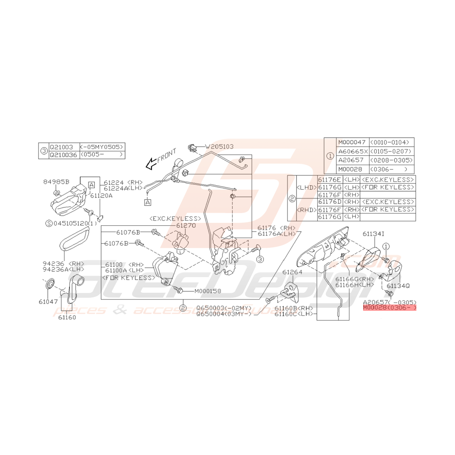 Vis Poignée de Porte Avant Origine Subaru WRX STI 06/2003 - 2005