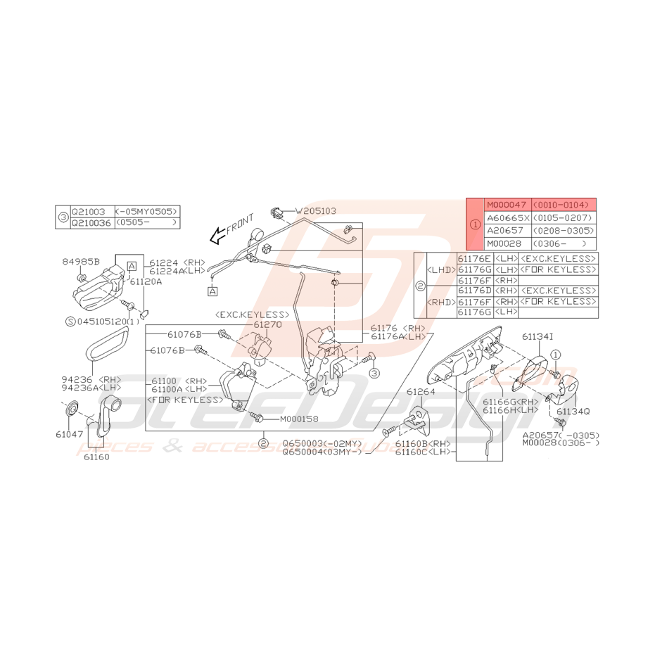 Vis Poignée de Porte Avant Origine Subaru WRX et STI 2001 - 2005