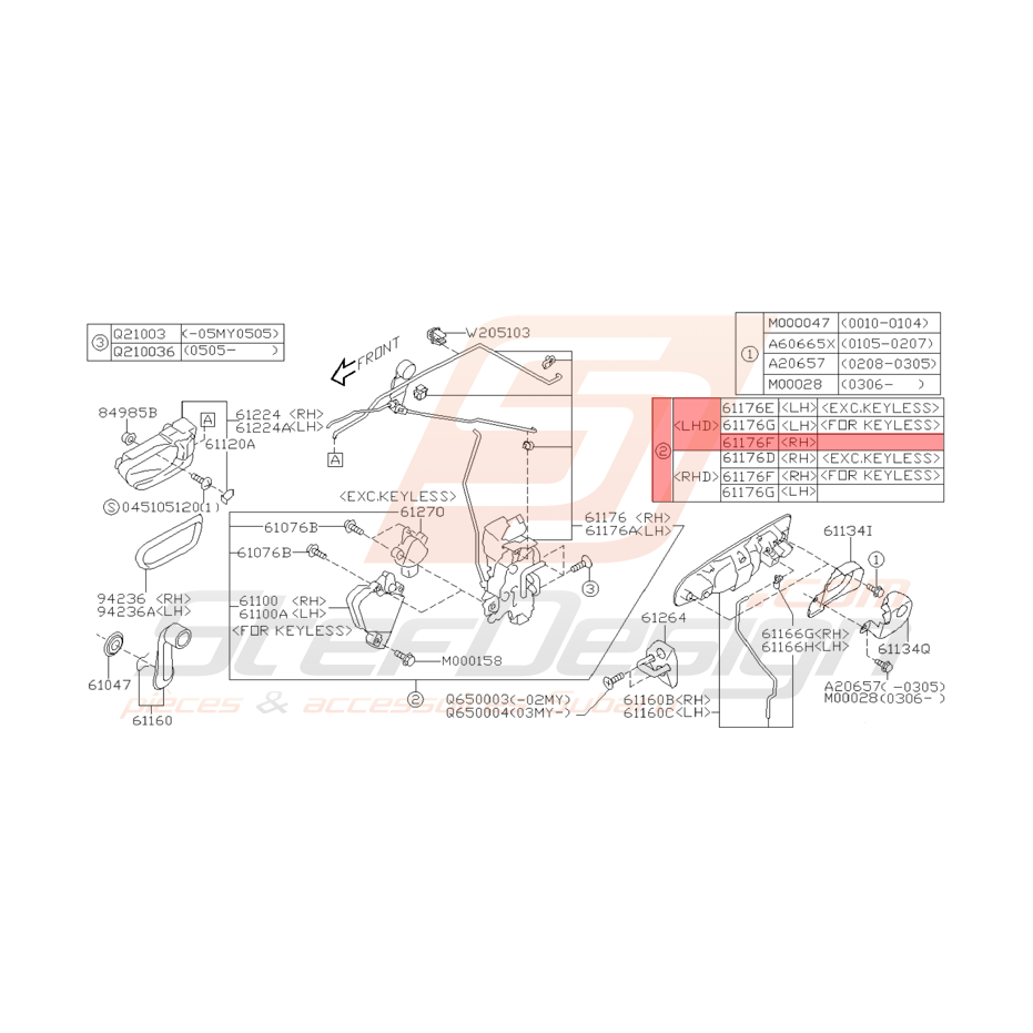 Système Fermeture Porte Avant Droite Origine Subaru WRX STI 01-05