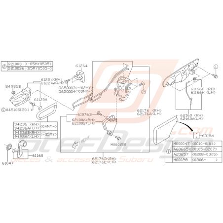 Schéma Attaches et Poignées Portes Arrières Subaru WRX STI 01-05