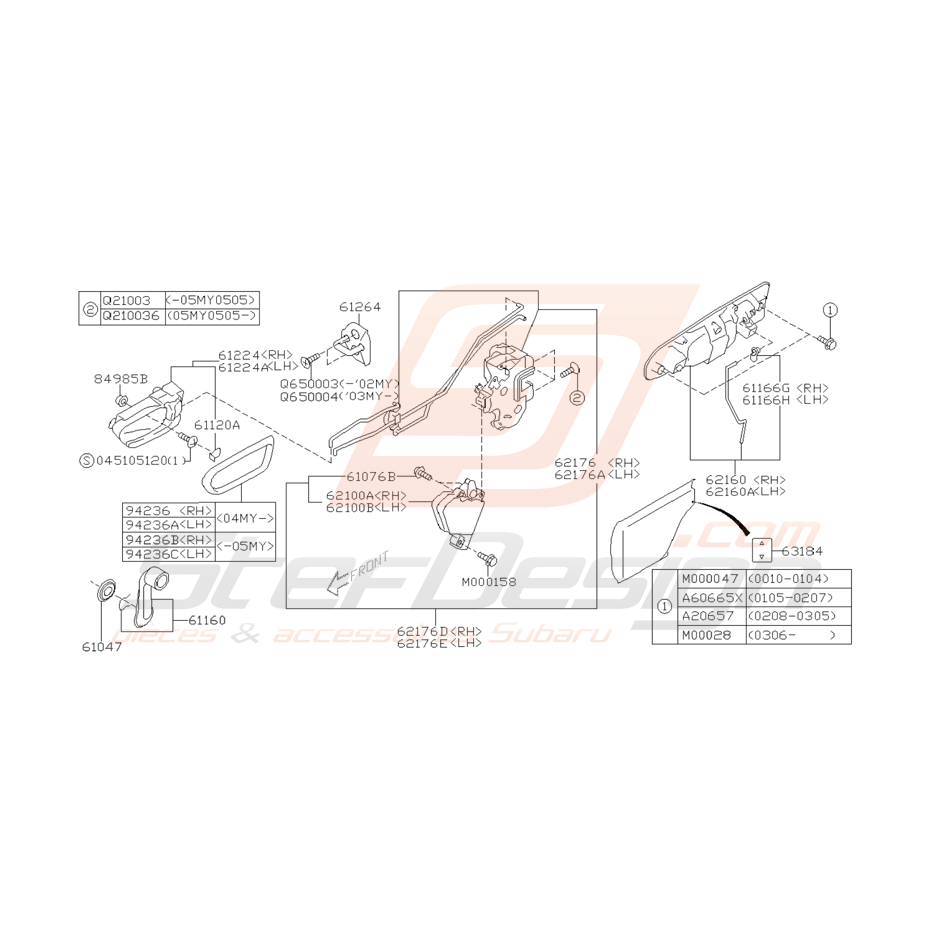 Schéma Attaches et Poignées Portes Arrières Subaru WRX STI 01-05