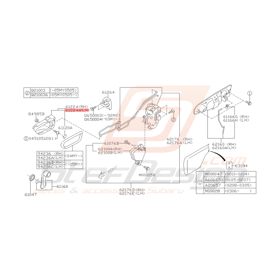 Poignées Intérieures Noires Portes Arrières Subaru WRX STI 01 - 05