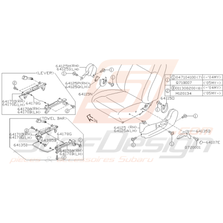 Schéma Glissières et Charnières Origine Subaru WRX STI 03 - 05