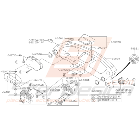 Schéma Tableau de Bord Partie Haute Origine Subaru WRX/STI 01-05