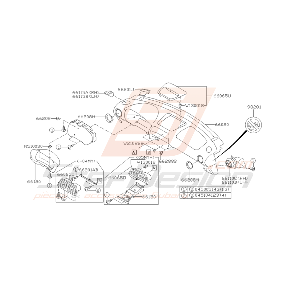 Schéma Tableau de Bord Partie Haute Origine Subaru WRX/STI 01-05