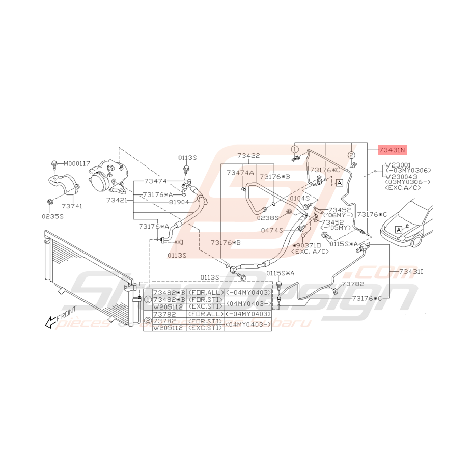 Canalisation de clim supérieur pour subaru WRX 2001 - 2005