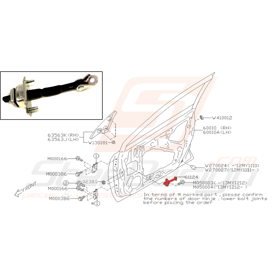 Tirant de porte avant pour Subaru XV EJ20Z 2012