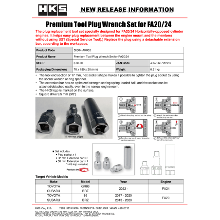 Douille de  bougie spécifique  moteur fa20 /fa24  gt86 brz44522