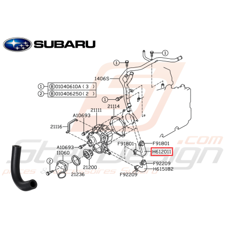 Durite sortie pompe à eau supérieur origine Subaru GT 93-00 WRX STI 01-19 FORESTER Turbo 97-02/05-0747630