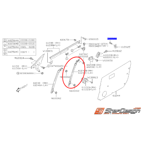 Glissière vitre porte avant (partie arrière) STI 01-02