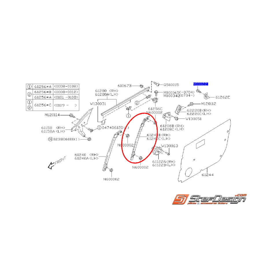 Glissière vitre porte avant (partie arrière) STI 01-02 Glissière vitre porte avant (partie arrière) STI 01-02